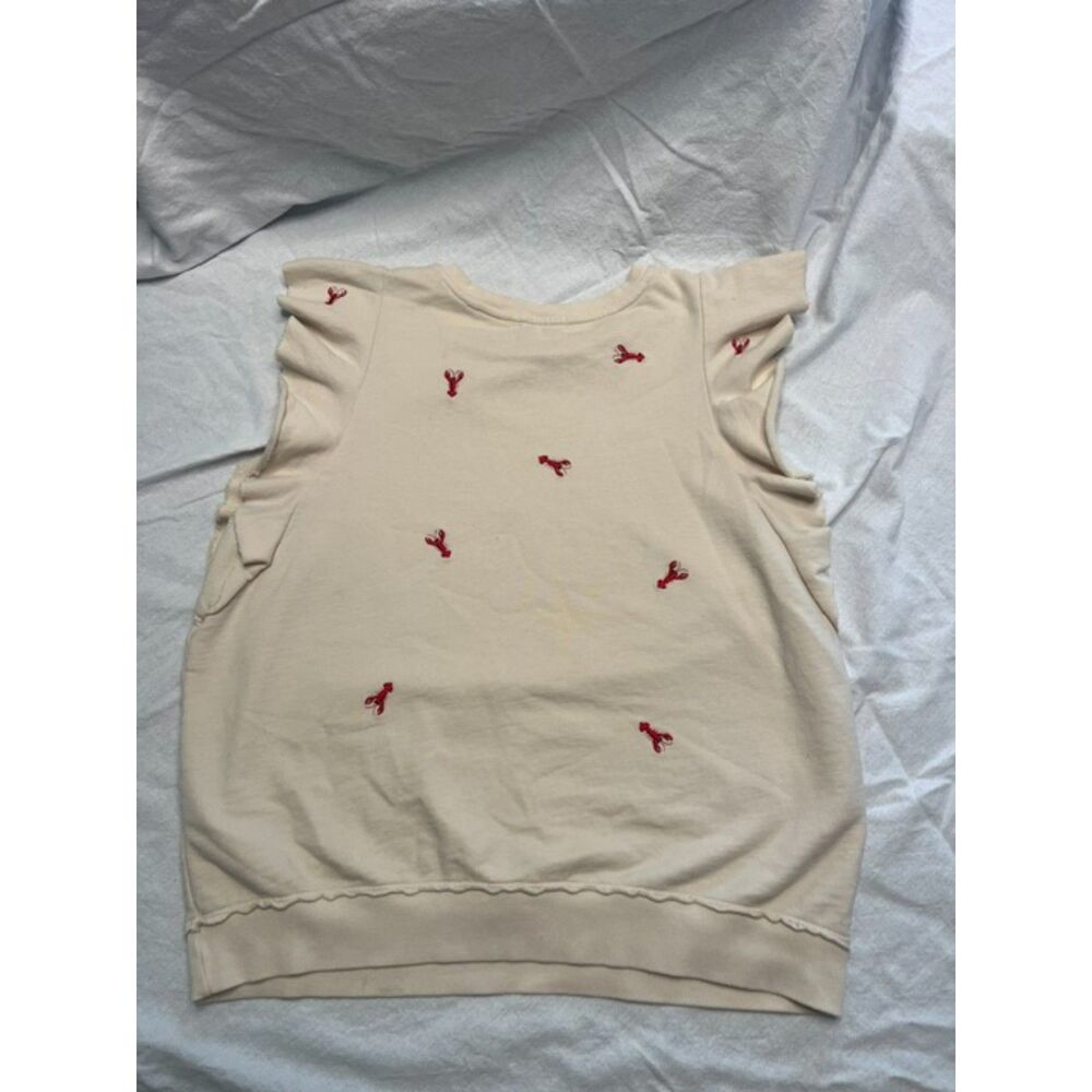 Anthropologie T.La Women's Size XL Ivory Red Lobster Print Ruffle Cap Sleeve Top